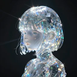 Uwu the translucent being, side fringe haircut, made of crystal glass, refracting light, caustics, light rays shining through, 4k photo, Zeiss 35mm