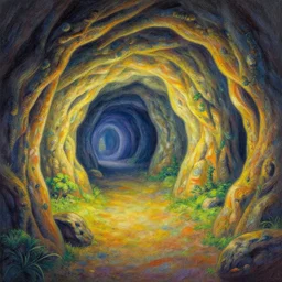 psychedelic ONE POINT PERSPECTIVE DUNGEON cave, painted by Edward Gorey and Moebius and Greg Rutkowski and Paul Wenzel and George Barr and Stephen Youll,trending on artstation, iridescent cool blue and cyan and red and blue and yellow and green lighting front view futuresynth , outrun , vibrant colors, Sabattier filter , Watercolor