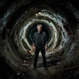 movie frame still from live action adaptation of post - apocalyptic abandoned tunnel, directed by steven spielberg, 8 k, vhs glitch, ultra wide angle, high contrast, zenith view, greg rutkowski, intrincate, highly detailed, ilm, oscar winning photography, grain, dramatic lighting, greg nicotero, horrifying movie, nightmare fuel, horror movie