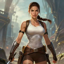 Britt Ekland as Lara Croft, fantasy art, in the style of artgerm, illustration, epic, fantasy, intricate, hyper detailed, artstation, concept art, smooth, sharp focus, ray tracing, vibrant, photorealistic