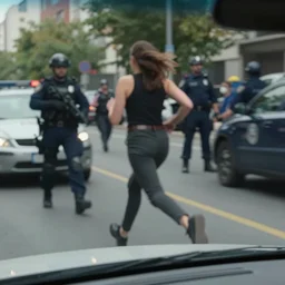 dash cam screenshot of gal gadot running from the cops motion blur army of police