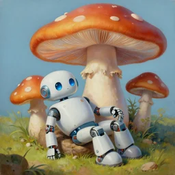 painting depicting a robot resting under a large mushroom, a friendly robot, highly detailed, in the style of peter mohrbacher, michael cheval, octane render, unreal engine, trending on artstation