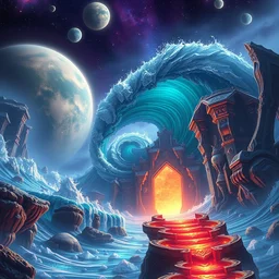 key, water wave, alien planets, ornate and intricate, glowing nether portal, jaw droping by anton fadeev, by rhads, 4 k
