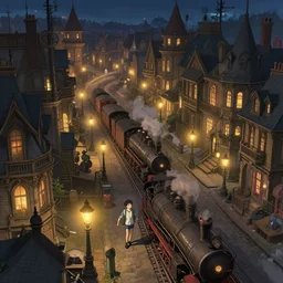 makoto shinkai, artgerm, ilya kuvshinov, overhead shot, steampunk full town, steam trains, night, victorian buildings in town, detailed, evening, gas lamps, overhead shot, cinematic lighting, gas lamps