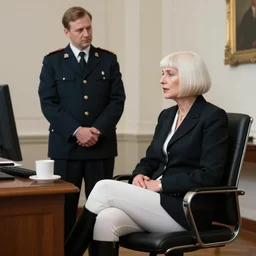 Platinum-blonde-haired hime-cut blue-eyed French empress wearing white leggings, black jacket, boots, sitting in office, communist officer standing next to her, talking