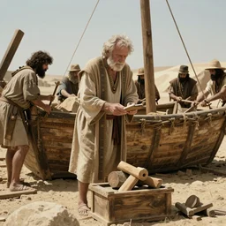 cinematic film still of 80 year old man in ancient Canaanite clothing building Noah's Ark, directed by Steven Spielberg