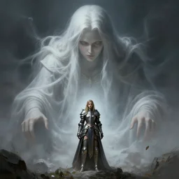 giant female ghost looms over a tiny female paladin, high fantasy, dnd, highly detailed, smooth, sharp focus, digital painting, artgerm and greg rutkowski and alphonse mucha