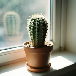 a vintage photo of a cactus in a pot on a sunny windowsill