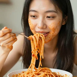 asian girl covered in red pasta sauce and spaghetti