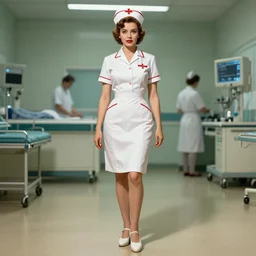 portrait odri herber as hot nurse at hospital background, 6 0 s, full length shot, shining, 8 k highly detailed, sharp focus, illustration, art by artgerm, mucha, bouguereau