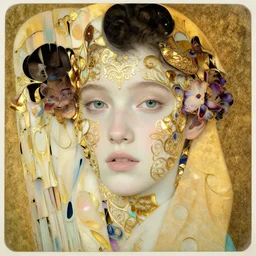 a beautiful girl's face made of ivory and gold filigree, old photo by edward hopper, by Bosch, by klimt, art noveau, highly detailed, strong lights, liminal, eerie, Bright pastel colors, octane render, 8k,