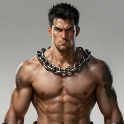 realistic portrait, 30 year old man :: athletic, rough, angered :: short black hair, dark taint :: chain mail :: high detail, digital art, RPG, concept art, illustration