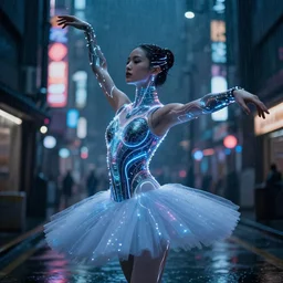 portrait of a blade runner ballerina with electric led wires, dark cyberpunk street background, dimmed neon lights, lens flare, heavy rain, deep focus, d & d, intricate, elegant, highly detailed, photo, seoul, artstation, blade runner, 8 k, sharp focus,
