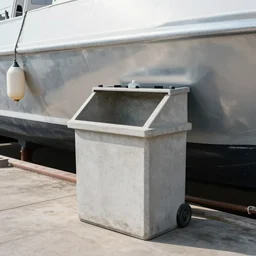 dry dock concrete clamshell grill garbage can on an abandoned shiny angular motorboat hull with buoys behind it,
