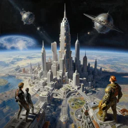 an epic painting of low earth orbit space city under war by john harris, craig mullins, greg rutkowski and alphonse mucha. ultra clear detailed. 3 d, octane render. 8 k