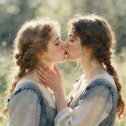 two women kissing. watercolor fairytale art, russian romanticism, muted palette, backlighting, depth of field, bokeh.