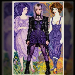 cute punk goth fashion fractal young Róisín Murphy posing by Zhang Jingna, poster art by Hannah Höch Victor Moscoso Dan Mumford Kilian Eng Hannah Jeffrey Smith Rick Griffin Alphonse Mucha Gustav Klimt Ayami Kojima Amano Charlie Bowater, violet and black