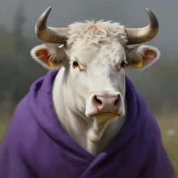 portrait of an anthropomorphic bovine, kind - looking, white fur, wide horns, a short beard, wearing a purple mantle, medium shot, natural lighting, realistic, digital painting, highly detailed, sharp focus, fantasy illustration, artstation,