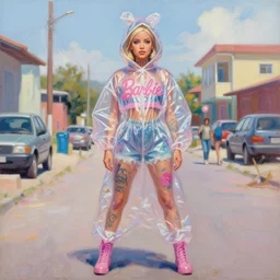 still from music video of barbie from die antwoord standing in a township street, wearing a trashbag hoodie garbage bag and flowers, street fashion, full figure portrait painting by martine johanna, ilya kuvshinov, rossdraws, pastel color palette, shiny plastic, spraypainted tattoos, detailed impasto brushwork, impressionistic