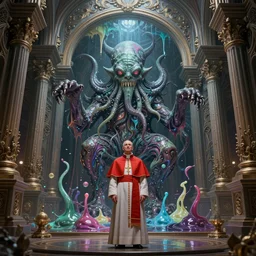 pope priest in front of a cthulhu within a viscosity fluid lovecraft portal artwork by android jones, smooth lighting, wide - angle portrait photography, intricate architecture, baroque detailed, unreal engine, octane render, micro detail, digital art by peter mohrbacher, intricate detail, subsurface scattering, ray tracing, vivid colors, octane render