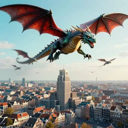 amsterdam with mountains and dragons flying in the air high detail realistic