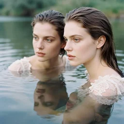 kodak color plus 2 0 0 close up photo portrait of a beautiful woman mirroring yourself in the water of a calm river, dress beauty lace inspired by a female narciso in style of paolo roversi, britt marling style 3 / 4, 1 5 0 mm, soft blur light, volumetric lighting, highly detailed, realistic, refined, highly detailed, interstellar outdoor soft pastel mute colours scheme, outdoor fine art photography, hyper realistic, photo realistic