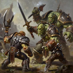 detailed painting of an orc from warcraft fighting against an ork from warhammer fantasy