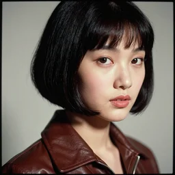 ektachrome, 3 5 mm, highly detailed : incredibly realistic, youthful asian demure, perfect features, feminine cut, beautiful three point perspective extreme closeup 3 / 4 portrait photo in chiaroscuro style 1 9 7 0 s frontiers in flight leather suit cosplay vogue italia fashion, nick night