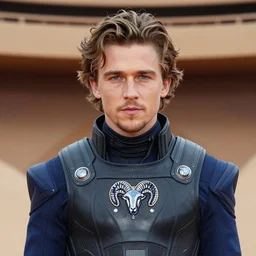 medium face shot of adult Austin Butler !!with exposed head!!, dressed in black-prussian blue futuristic-tudoresque clothing with embroidered-Ram-emblem, and nanocarbon-vest, in an arena in Dune 2021, XF IQ4, f/1.4, ISO 200, 1/160s, 8K