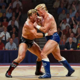 Oil painting of buff Donald Trump wrestling in the WWF