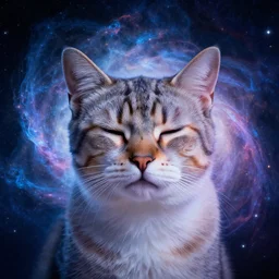 cat wih eyes closed portrait blended with a celestial epic vibrant cinematic fantasy space image of a sparkling ethereal oceanic silky cosmic universe, celestial cosmos, nasa photos, artstation
