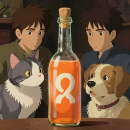 a cat and a dog amazed by a transparent bottle filled with vivid orange liquid, the letter omega is paint on the bottle, art by studio ghibli and j. c. leyendecker and greg rutkowski and artgerm and ilya kuvshinov, portrait, d & d, fantasy, highly detailed, digital painting, headshot, trending on artstation, concept art, sharp focus,