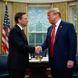 cigarette smoking man from the X-Files shaking Donald trump's hand, cinematic photo, oval office, standing, firm handshake, deal
