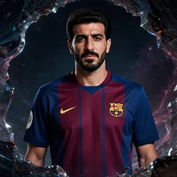 impressive ominous front!! shot photo of saddam hussain in fc barcelona jersey number 1 0, dark blue, maroon red, fine portrait fine portrait dark future hyper dimensional space galactic crystal nebula edges elegant detailed intricate concept artstation sharp focus ray tracing cinematic masterpiece temporal corruption beeple wlop germ 8 4 k scifi glossy hyper realistic illustration canon eos r 3 fujifilm x - t 3 0 sony alpha a 6 6 0 0