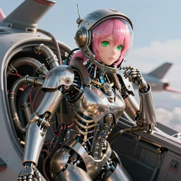 biomechanical fragile female steampunk skeletonized robot fighter pilot mechanical girl with intricate shiny parts and pink hair and green eyes while helmet is posing in a jet cockpit with many pneumatic tubes and electric cables. background air combat. beautiful detailed photorealitic octane unreal depth of field