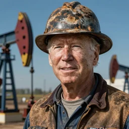 Joe Biden as a roughneck oil field worker, high detail, portrait, close up, dirty, hard hat, oil, grit