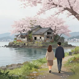 walking around dilapidated ikeshima island, nagasaki, japan. volumetric lighting, dew, spring morning, slight overcast weather, realistic illustration, perfectly shaded, soft painting, art by krenz cushart and wenjun lin
