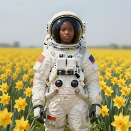a digital painting high resolution hypereealistic of a nubian woman wearing an astronaut standing in an open field of yellow daffodils