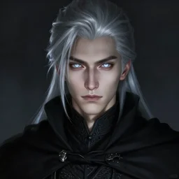 portrait of a young man in a black cloak, silver hair, glowing eyes, detailed face, highly detailed, cinematic lighting, digital art painting by greg rutkowski.