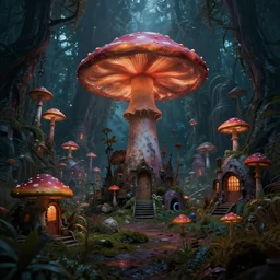 psychedelic mushroom houses, post - apocalyptic, dark fantasy, liminal space, dark paradise, digital art, 4 k