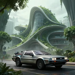 concept art of jeremy mann, a delorean car, epic exterior view of a curvy biophilic design architecture, by koichi takada, urban green, dappled lighting, misty, ominous, unreal engine 5, 8 k