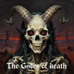A beautiful detailed aesthetic horror portrait painting titled 'The Godes of death' description 'Horned face with scales and bones shimmering' by Takashi Murakami and Wayne Barlowe, the desolate plains of hell in the background, Trending on cgsociety artstation, 8k, masterpiece, highly detailed.