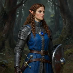 detail body portrait of pretty girl chain mail in the grim forest, blue surcoat, female, middle age, fantasy, digital art, award winning, scabbard, shield, round sapphire medallion, leather gloves, wide belt, elf, long weaving brown hair, celshading, oil paint, sharp focus, intricate, looks right by artgerm, mucha, bougueruau