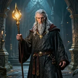 highly detailed, hyper realistic wizard with a dungeon background