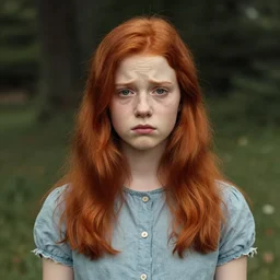 A sad redhead girl portrait, center, artwork by Norman Rockwell, cinematic view, high quality