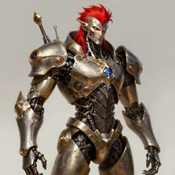 portrait of ganon, robot steampunk, metallic! horizon zero dawn machine, red hair, intricate, elegant, highly detailed, led details, digital painting, artstation, concept art, smooth, sharp focus, illustration, art by artgerm and greg rutkowski and alphonse mucha, 8 k