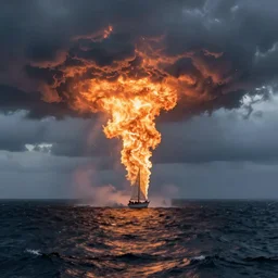 Fire tornado in the open ocean. Raging sea. Catastrophe. small sailboat