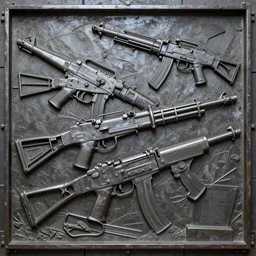 relief sculpture carving in metal of machine guns, hyperrealistic, ultrarealistic, intricate details, 4k, unreal 5, digital art