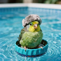 a fat kiwi bird with a wooly hat sitting in a cyan bottle cap in a pool, 35mm photograph