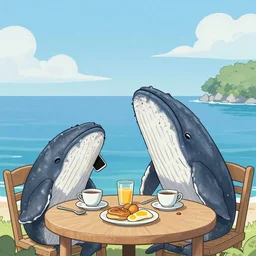 whales are speaking on the phones and discussing about breakfast,